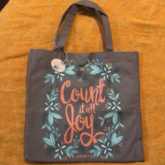 Faithworks- Count it all Joy” flower print gray orange& blue shopping bag OS NWT - Picture 2 of 6
